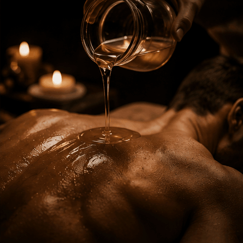Warm oil poured onto the back for a nuru massage