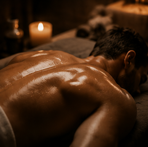 Oiled back in warm candlelight for a luxury tantric massage
