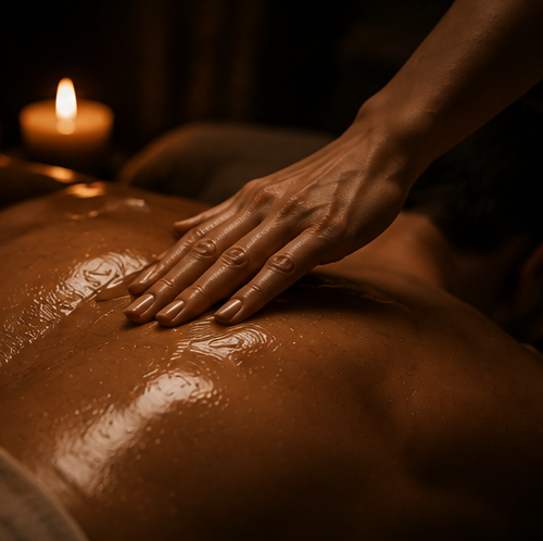 Candlelit massage ritual with warm atmospheric light