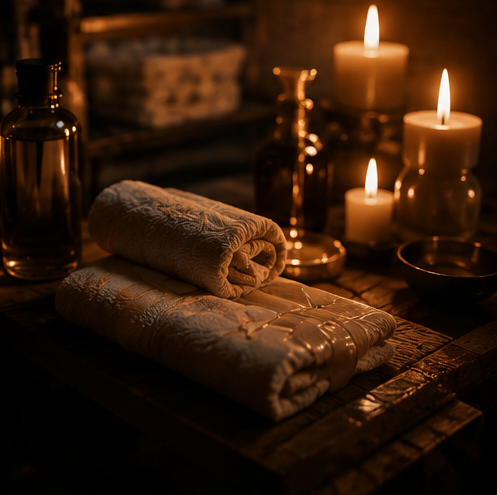 Oils, towels and candles prepared for the Premium Experience